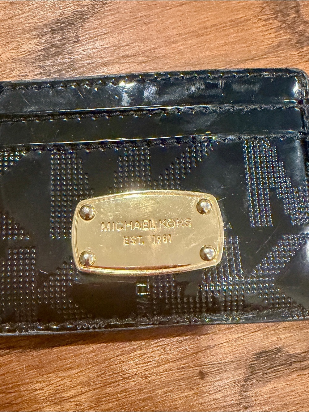 Michael Kors Black Patent & Metallic Card Holder with Gold Plaque